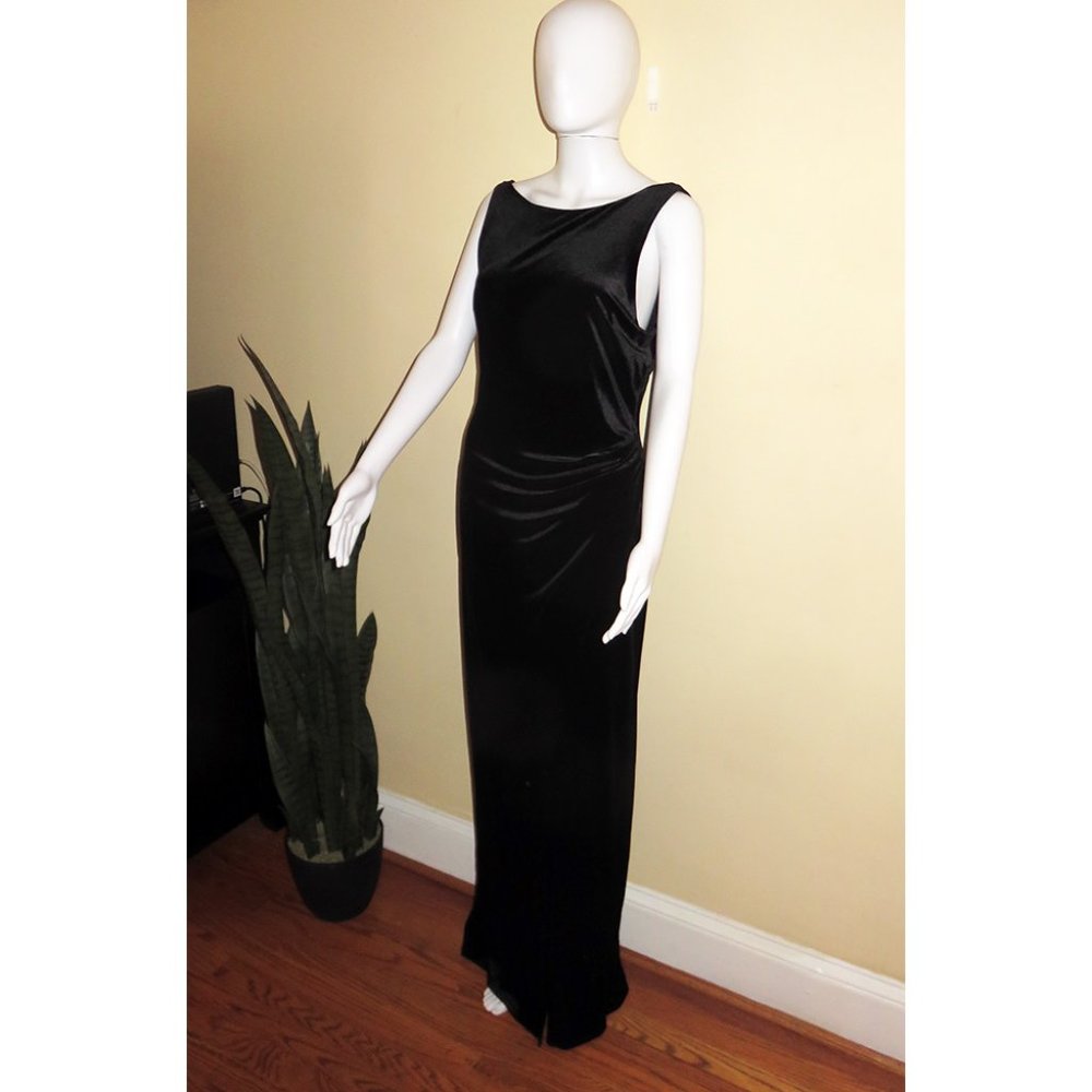 BCBG Max Azria Essentials Black Faux Velvet Stretch Long Gown, Medium